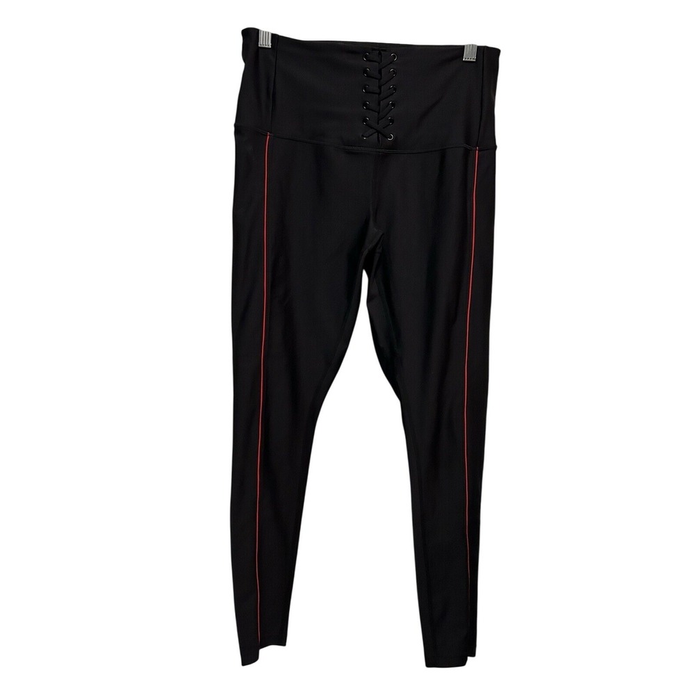 Zella Black Lace Up‎ Ankle Leggings Medium Red Side Stripe Athletic Athleisure